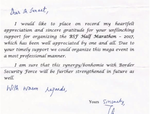 Appreciation by JS Oberoi VSM Dy. Inspector General BSF for support in organizing the BSF Half Marathon-2017